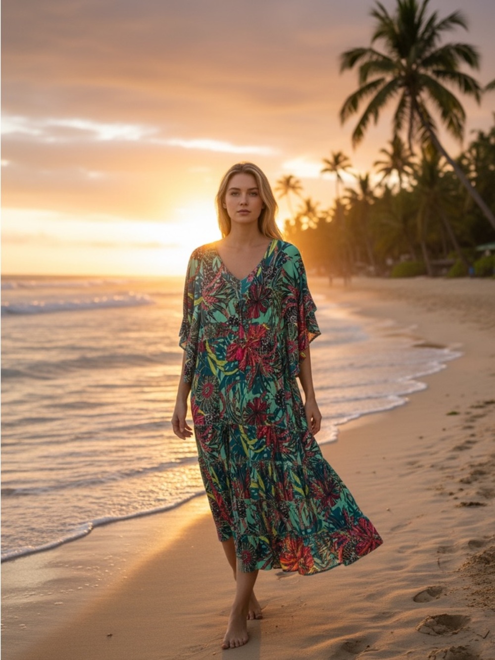 Anthropologie Boemo Tropical Floral Smocked Tiered Kimono Sleeve Maxi Dress Sz S